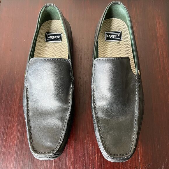 Lacoste Mens Black Leather Loafers Sz 9.5 Slip On Moccasins Driving Shoes - Picture 2 of 8